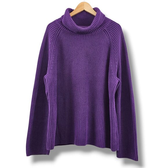 Lands End Ribbed Turtleneck Sweater Purple Cotton XL Chunky Knit Preppy Warm - Picture 1 of 11